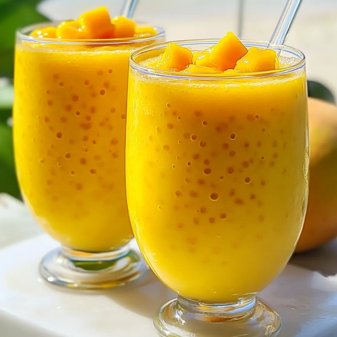 You see two glasses filled with vibrant orange juice, packed with mango slices inside.