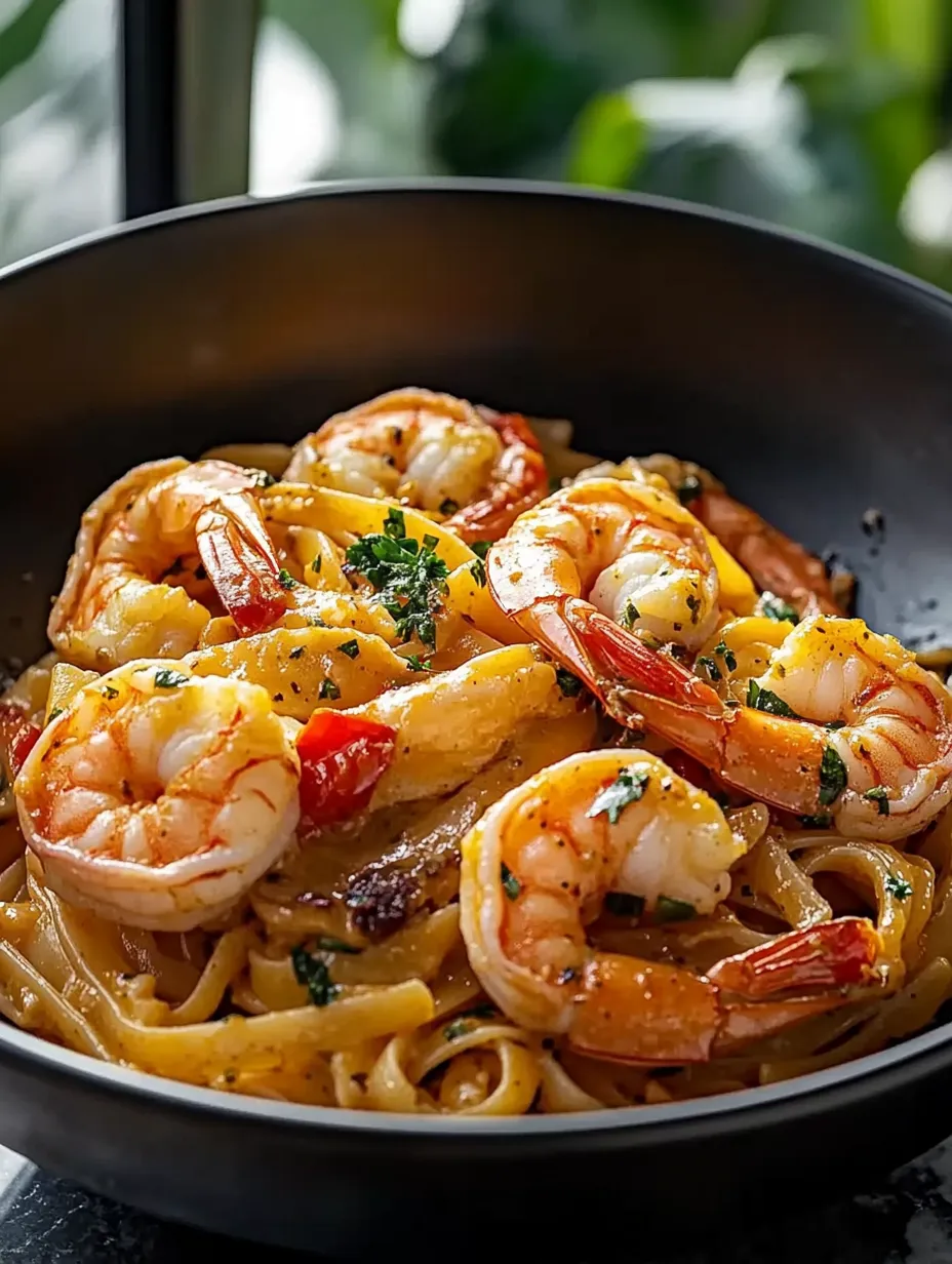 A bowl with shrimp tossed over pasta.