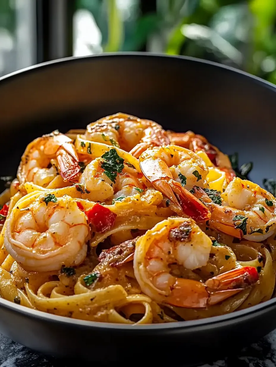 A bowl with shrimp tossed over pasta.