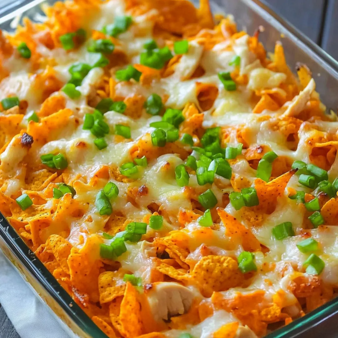 Cheesy nachos in a dish topped with sliced green onions.