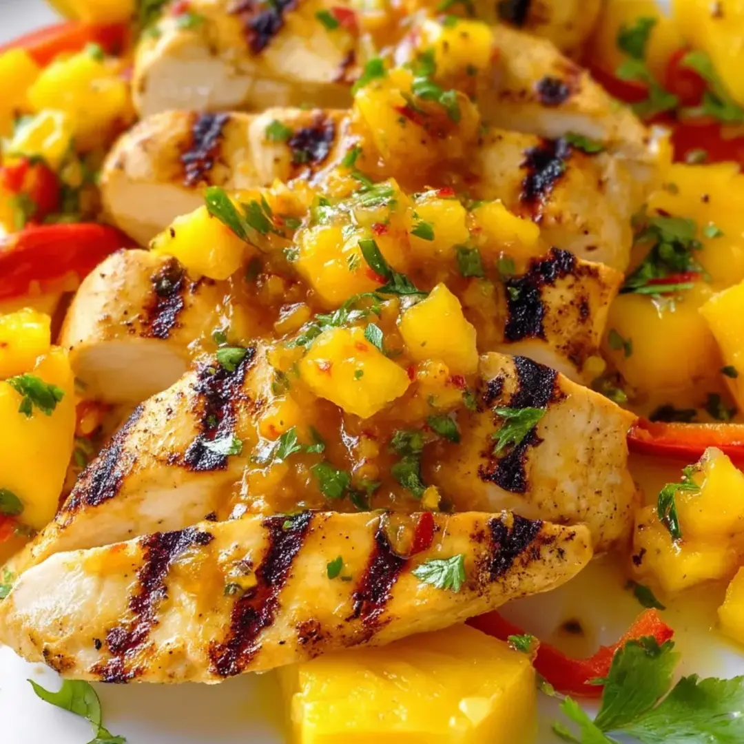 Plate full of grilled chicken, pineapple chunks, and peppers.
