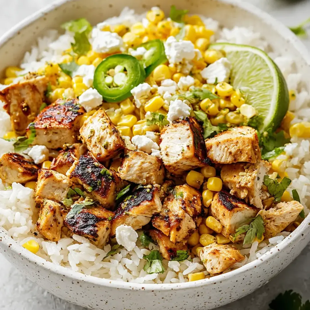 Rice piled in a bowl with chunks of chicken and veggies.