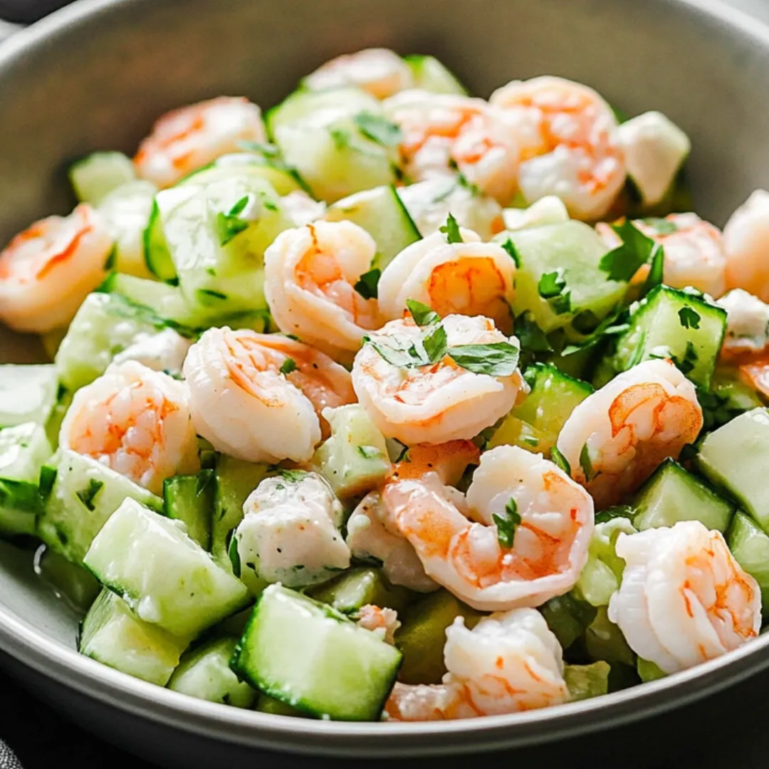 A bowl with cucumber and shrimp salad, ready to eat.