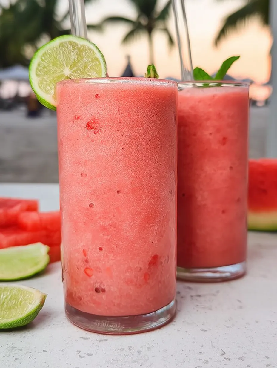 Pink smoothies in glasses with lime on the side.