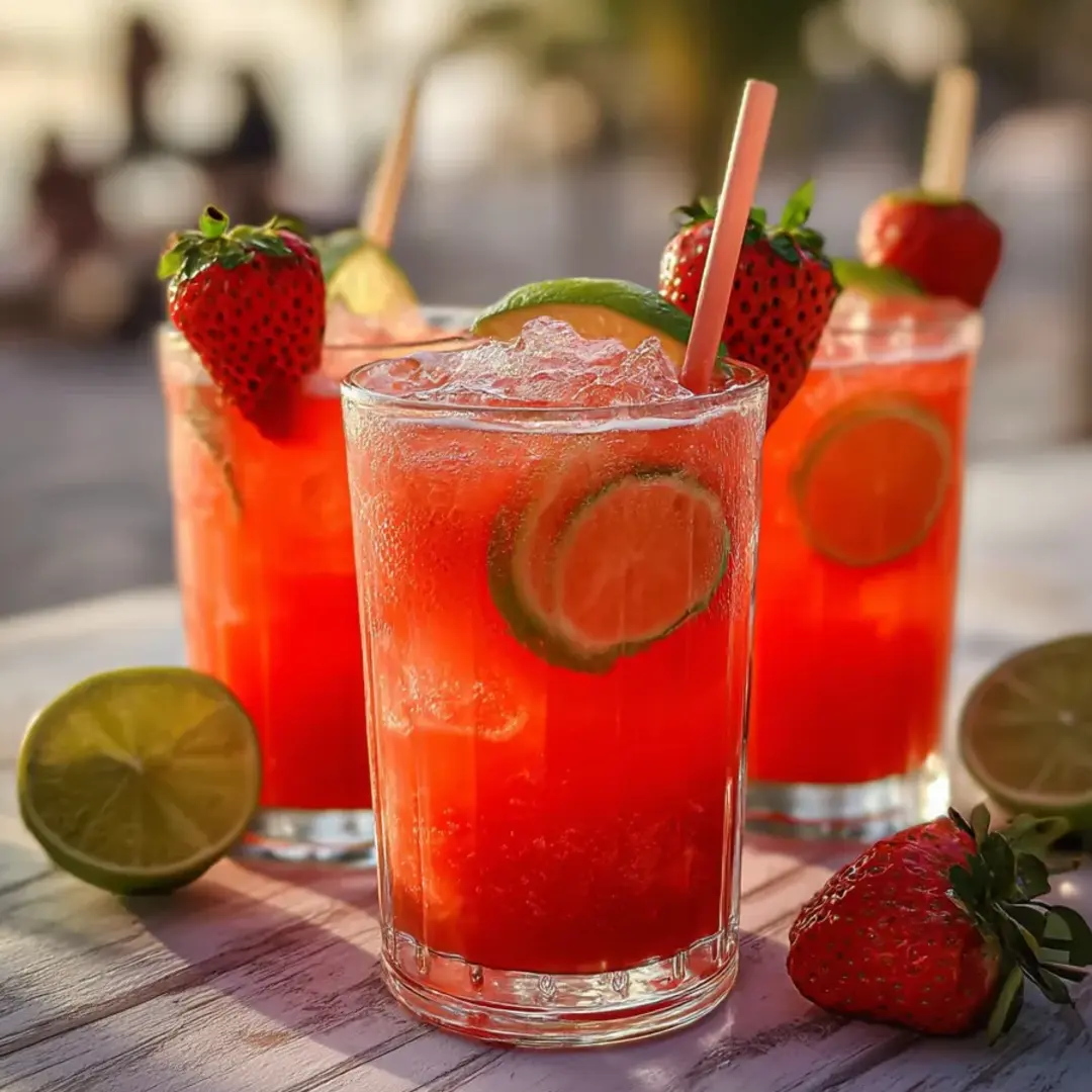 Two glasses filled with bright strawberry-lime drink, strawberry halves, and lime wheels topping them.