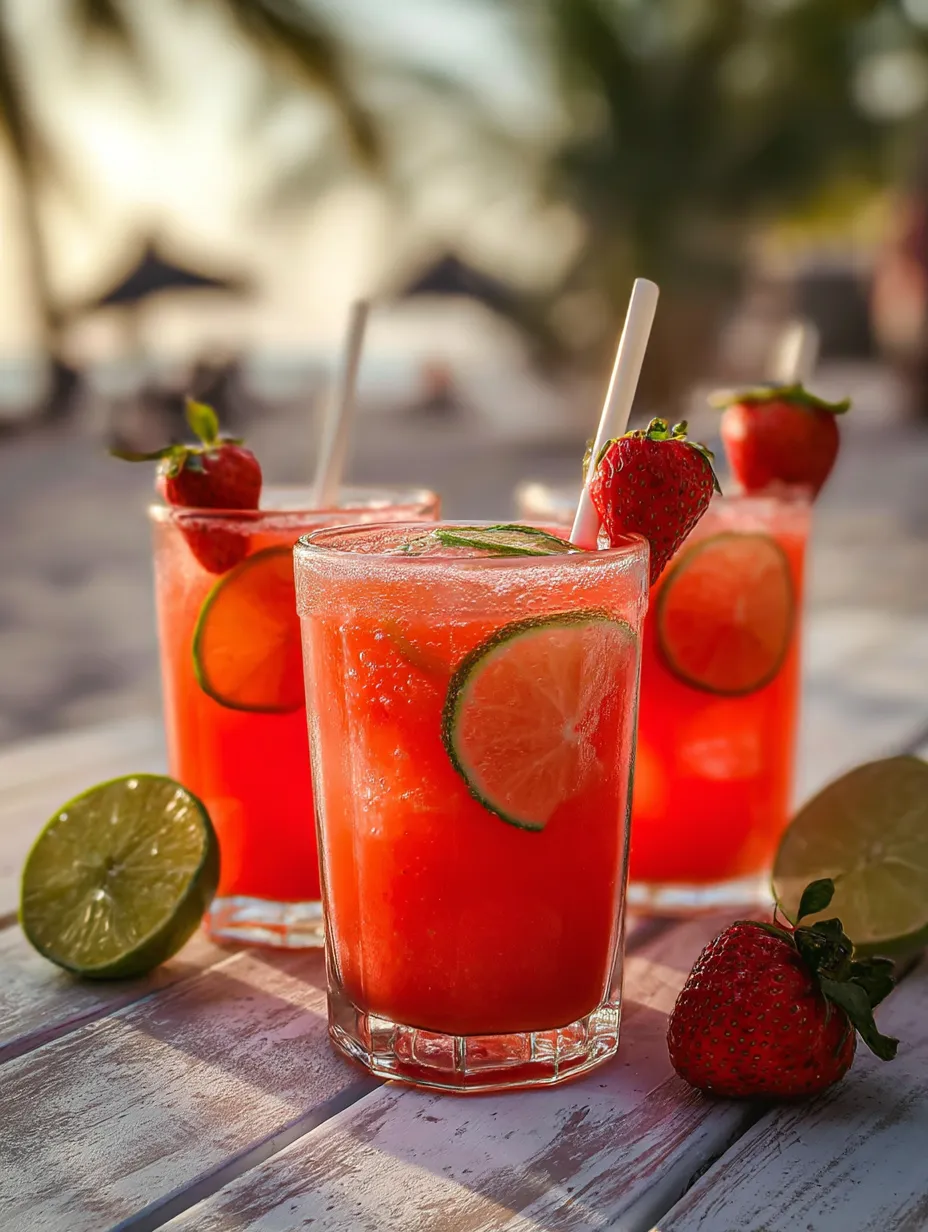 Three glasses holding pink icy drinks, topped with limes and strawberries.