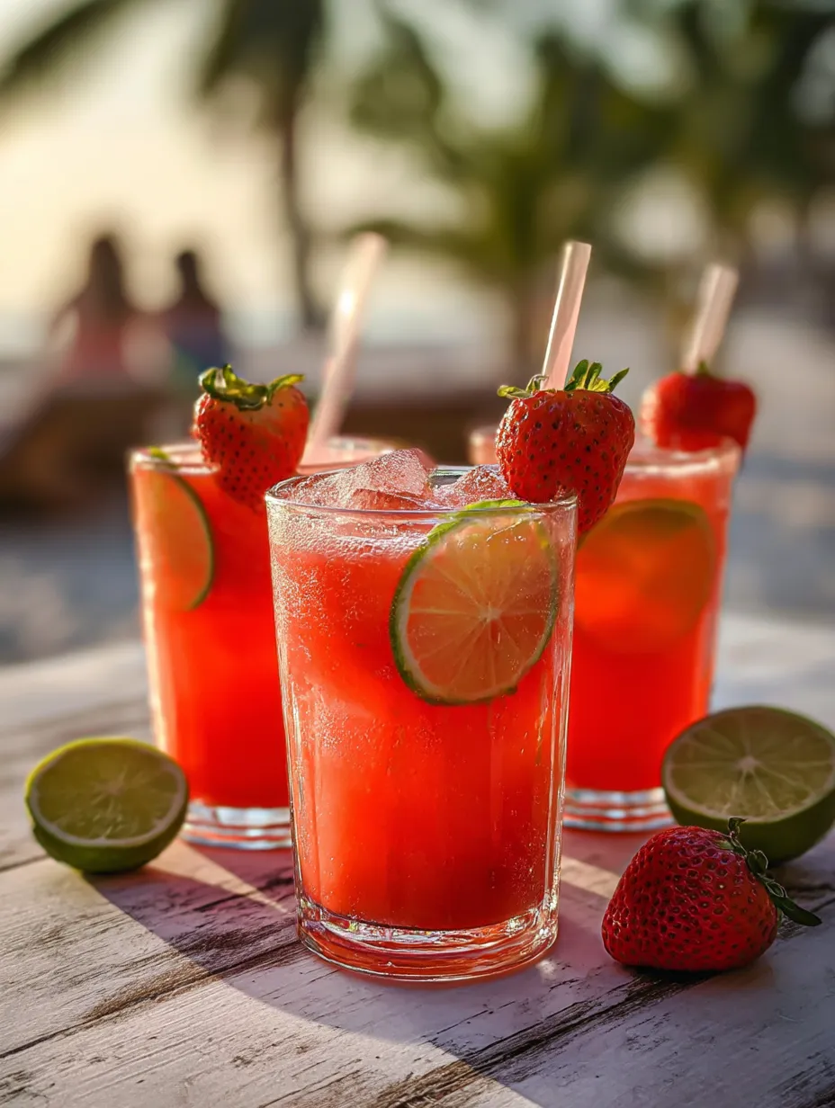 Three tall glasses loaded with bright strawberry punch, crowned with fresh lime and berries.