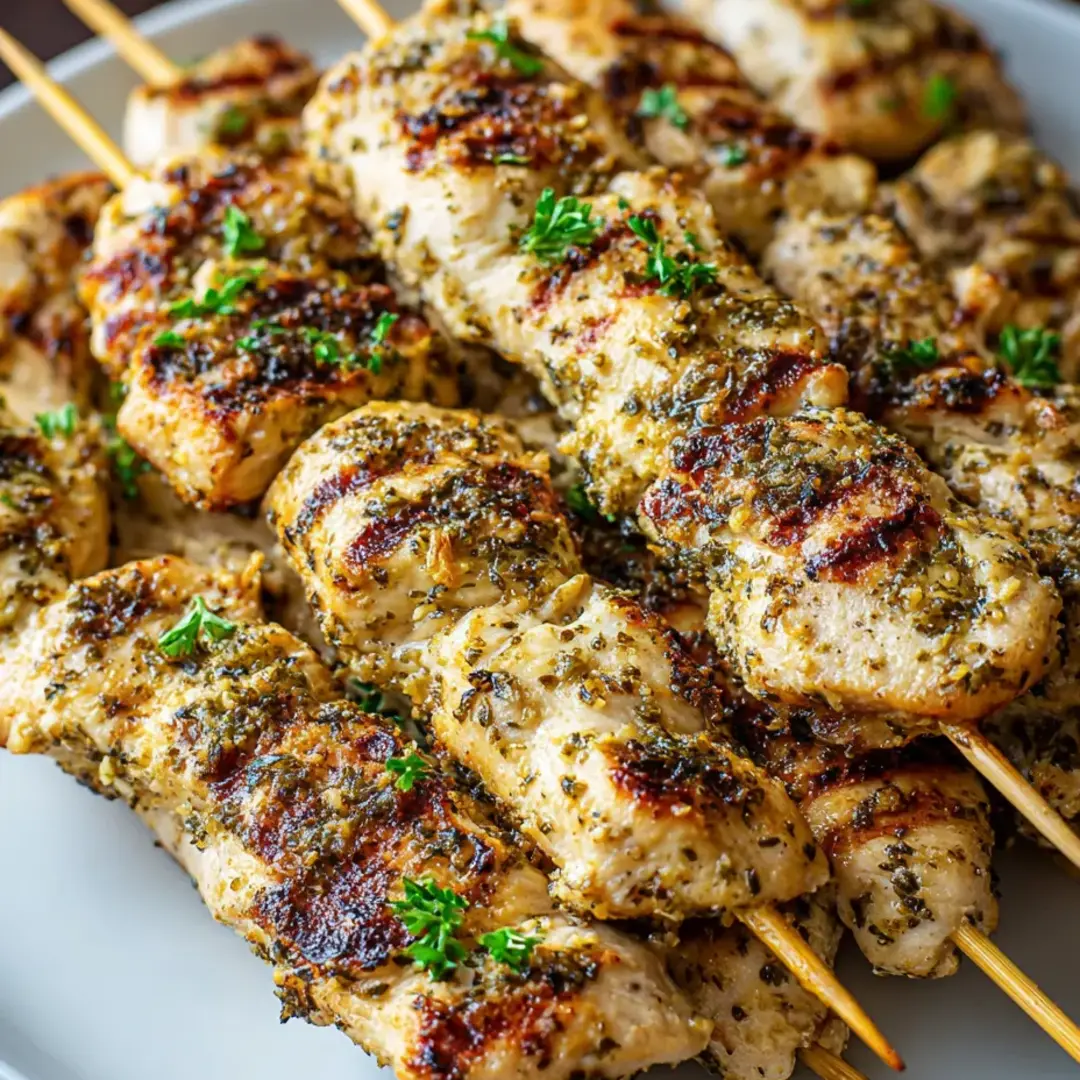 Herb-sprinkled chicken skewers stacked on a dish.