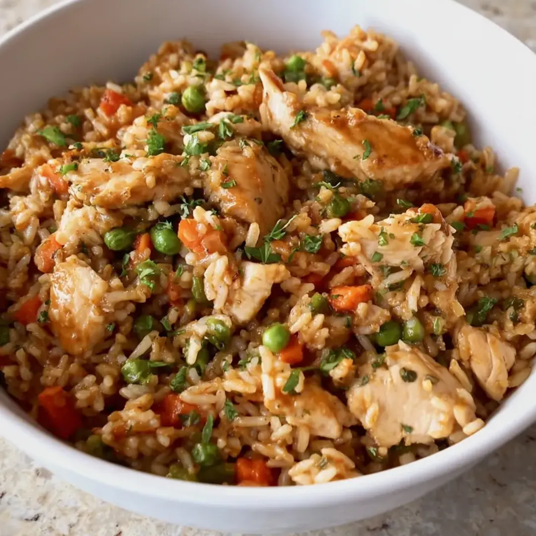 Bowl filled with veggies, chicken, and rice.