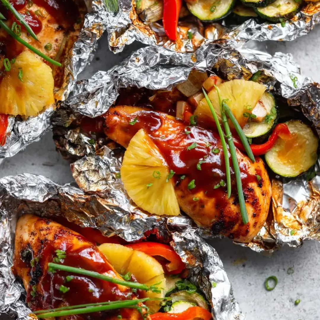 Juicy chicken and pineapple up close on top of foil.