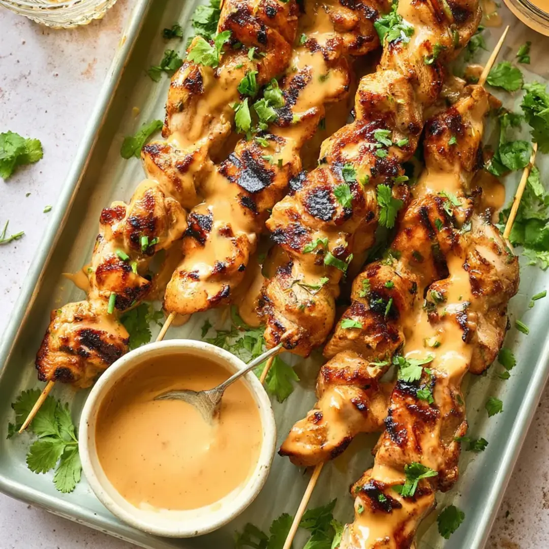 Loaded chicken skewers laid out with a bowl of sauce for dipping.