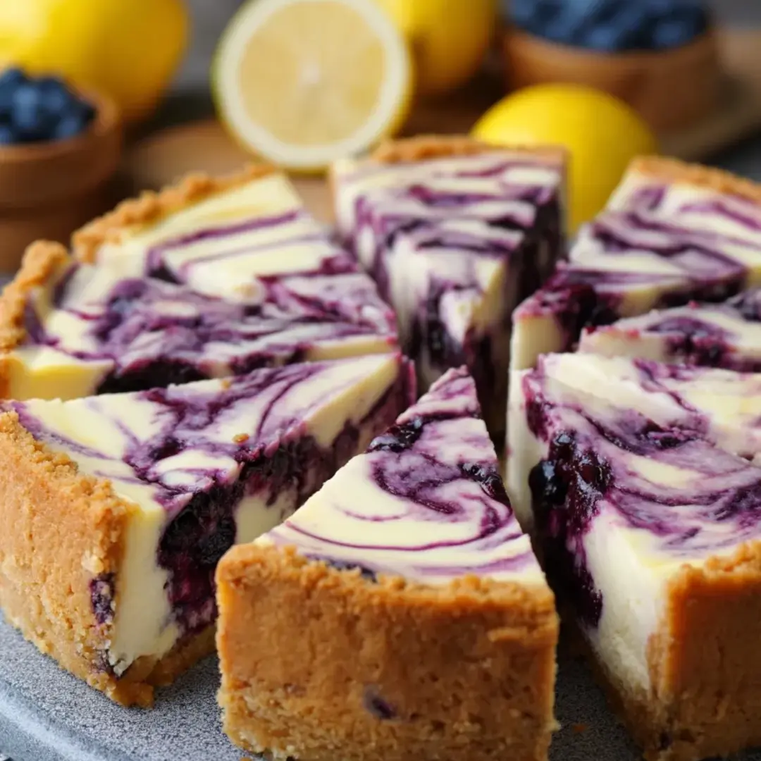 Slice of creamy blueberry-lemon cheesecake on a plate.