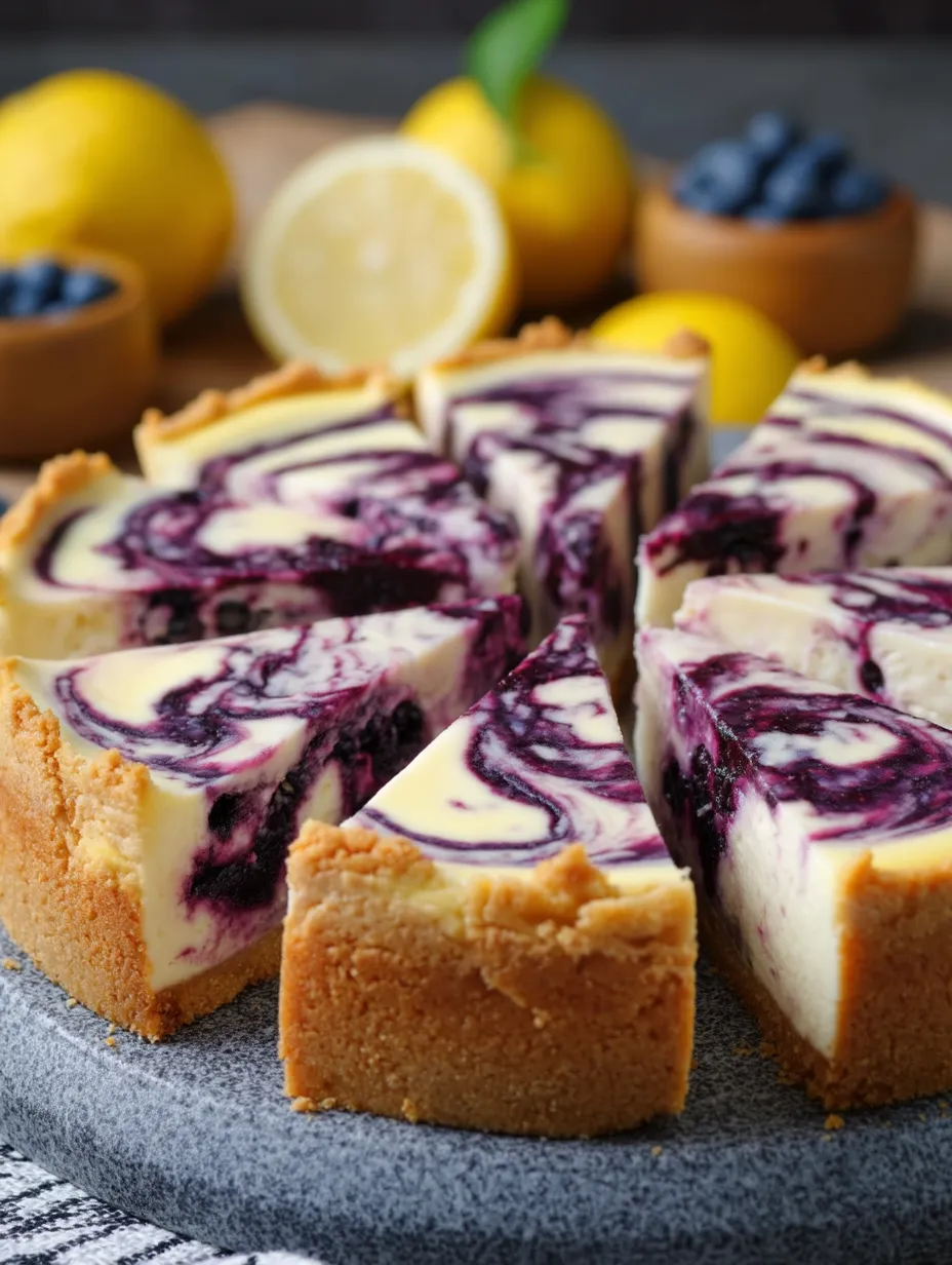 A slice of cheesecake topped with blueberries and lemons on the side.