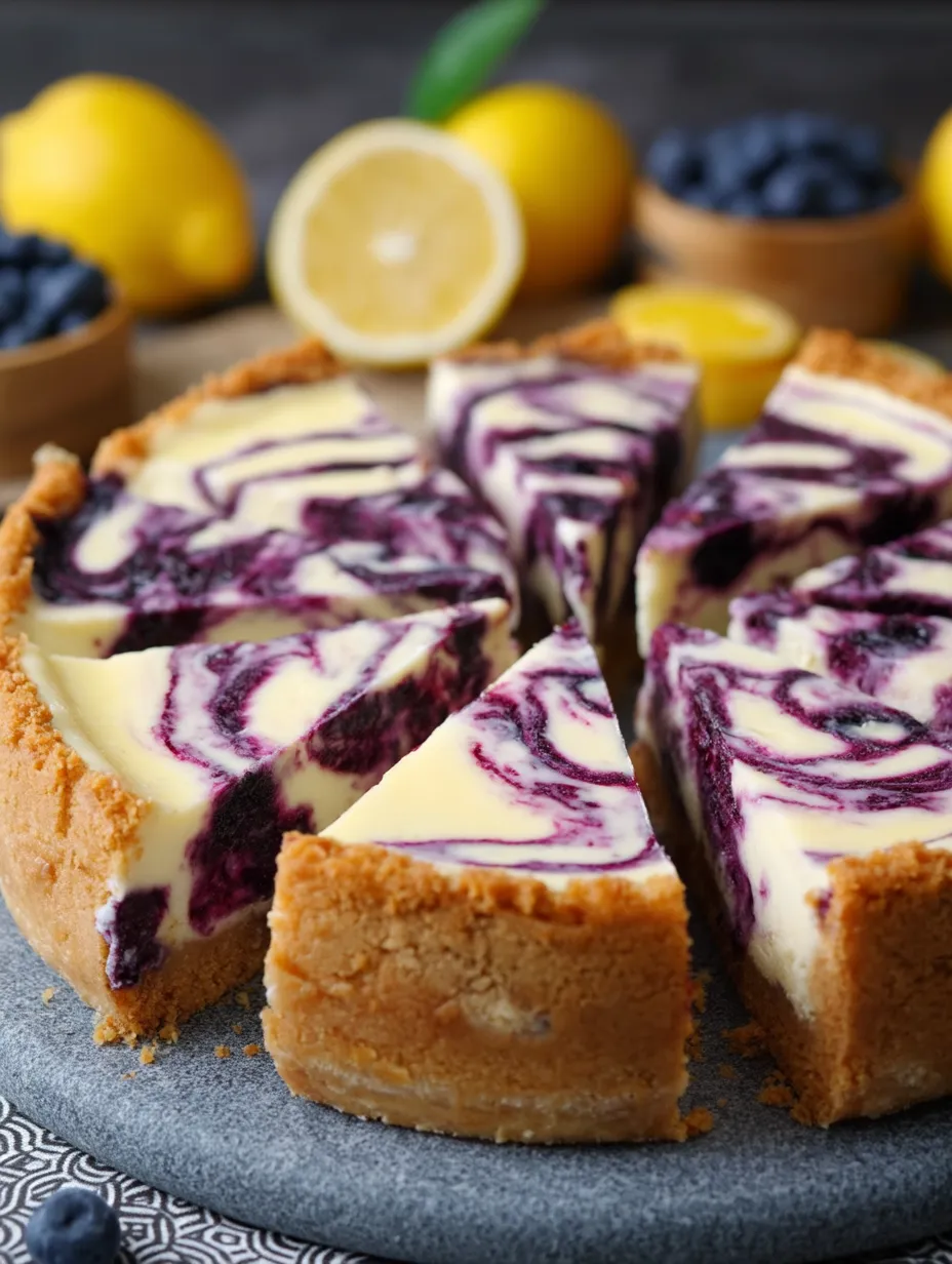 A slice finished with a pile of blueberries and a curl of lemon peel.