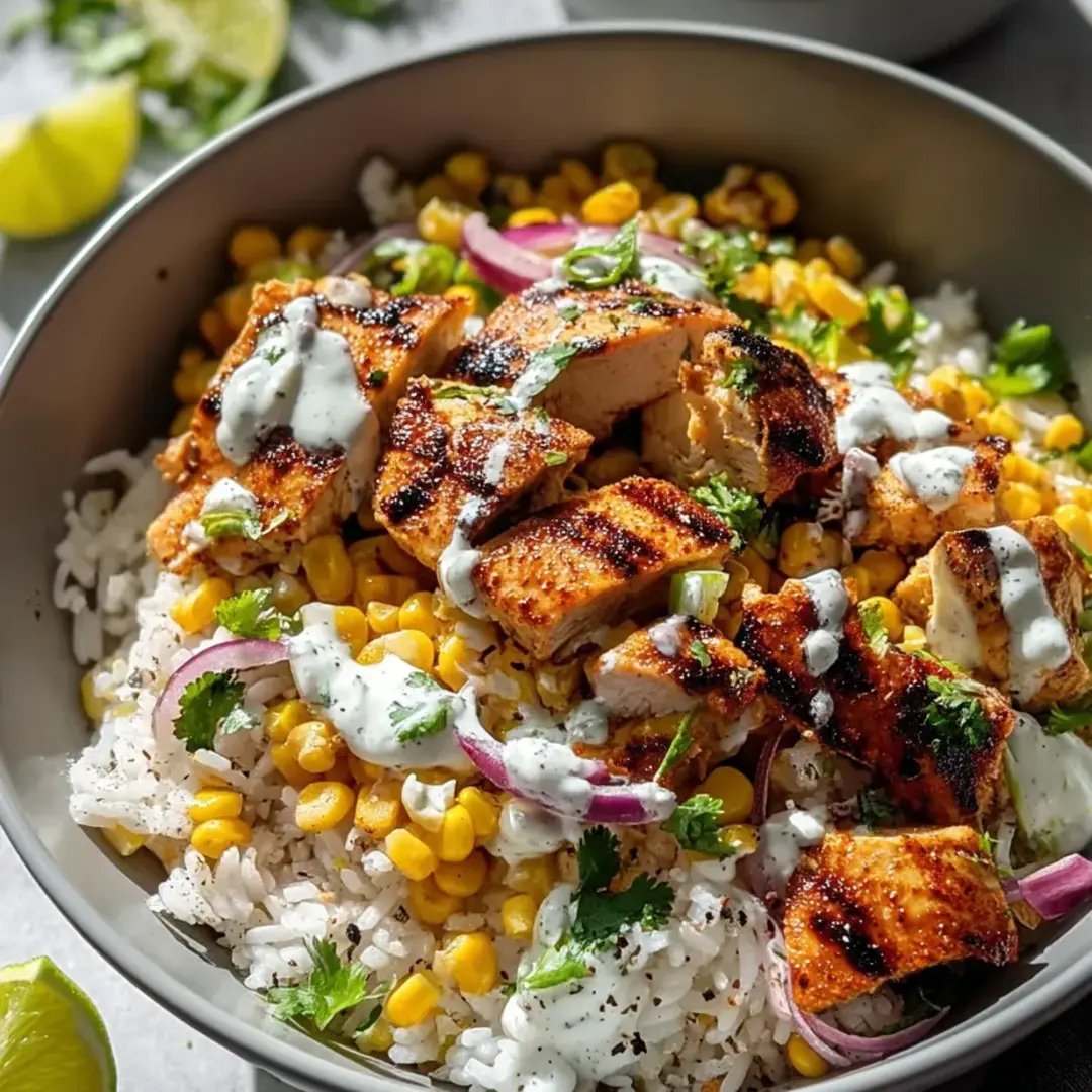 A bowl filled with fluffy rice, roasted corn, chunks of chicken, and some onions.