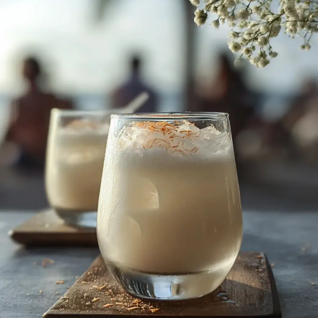 A table with two glasses of milk sprinkled with orange bits.