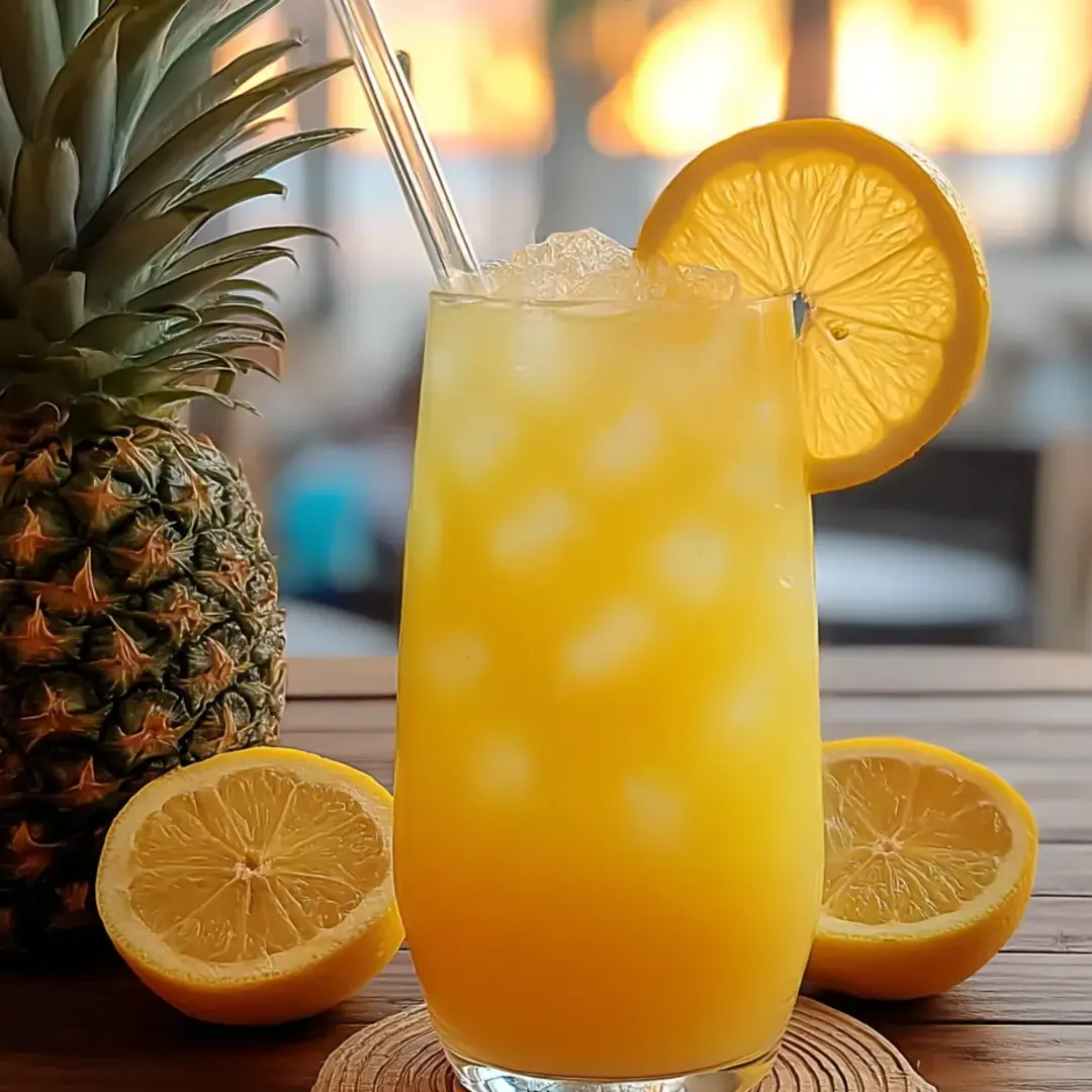 Bright orange punch with lemon slices on a coaster.