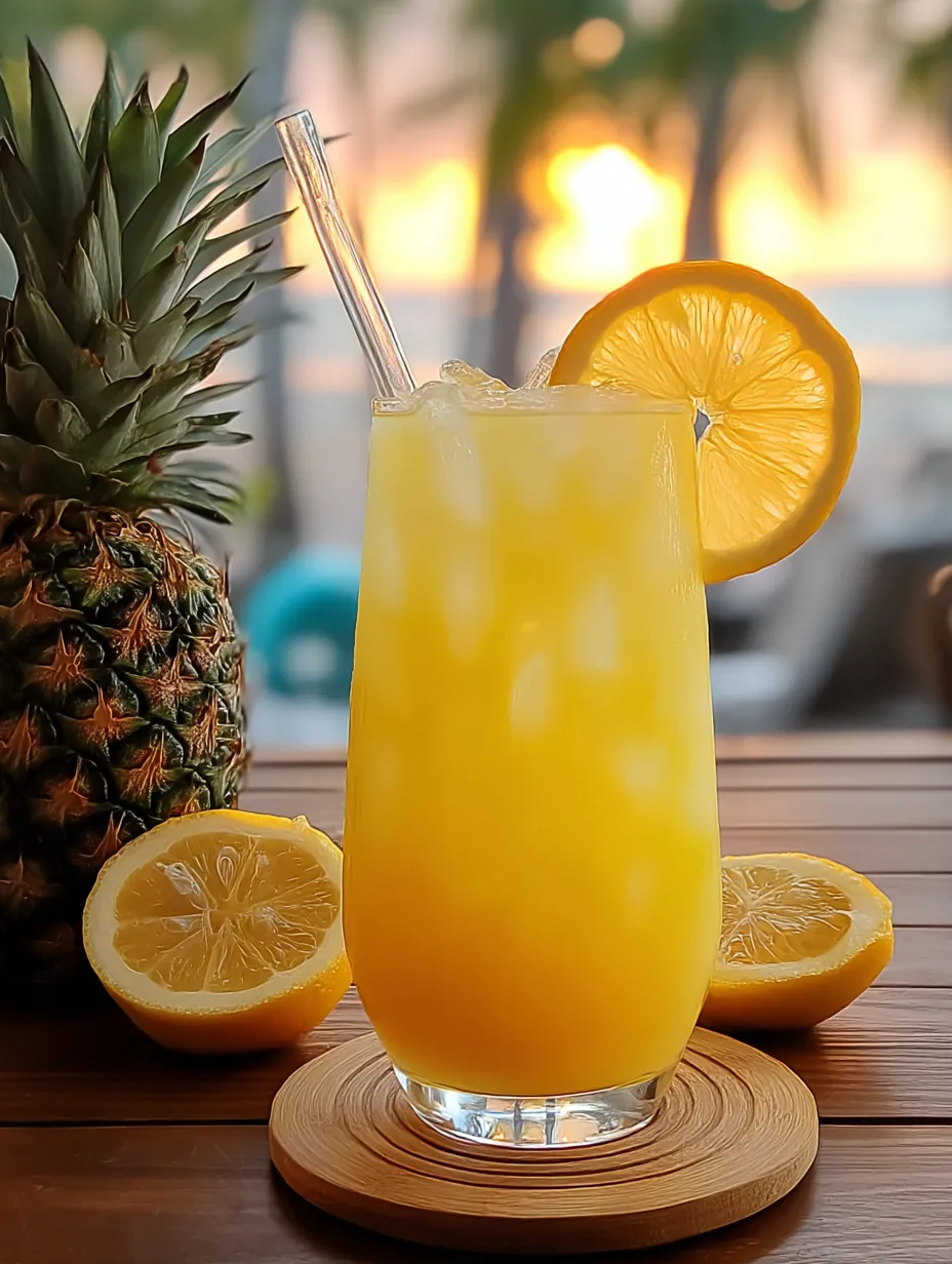 Glass packed with orange drink, topped with a lemon slice on the rim.