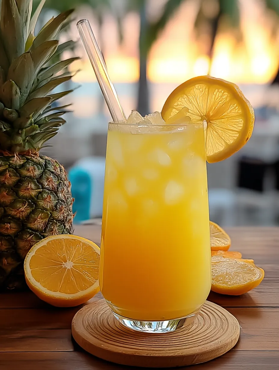Orange drink with a straw, topped with a lemon wheel.