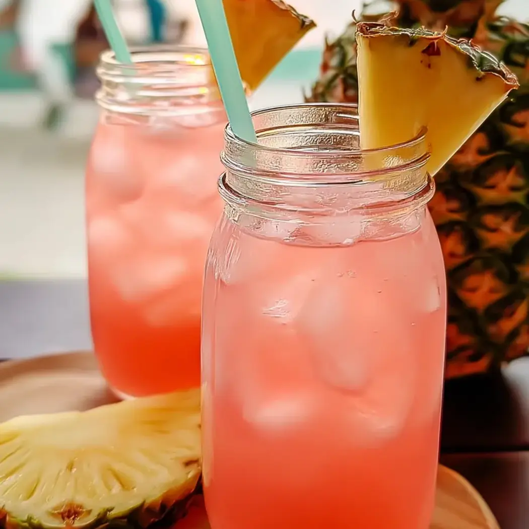 Two glasses of bright pink drink with pineapple pieces inside.