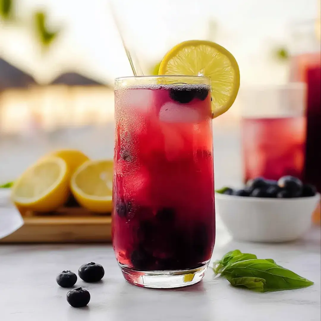 Glass filled with deep red juice, lemon slices, and floating blueberries.