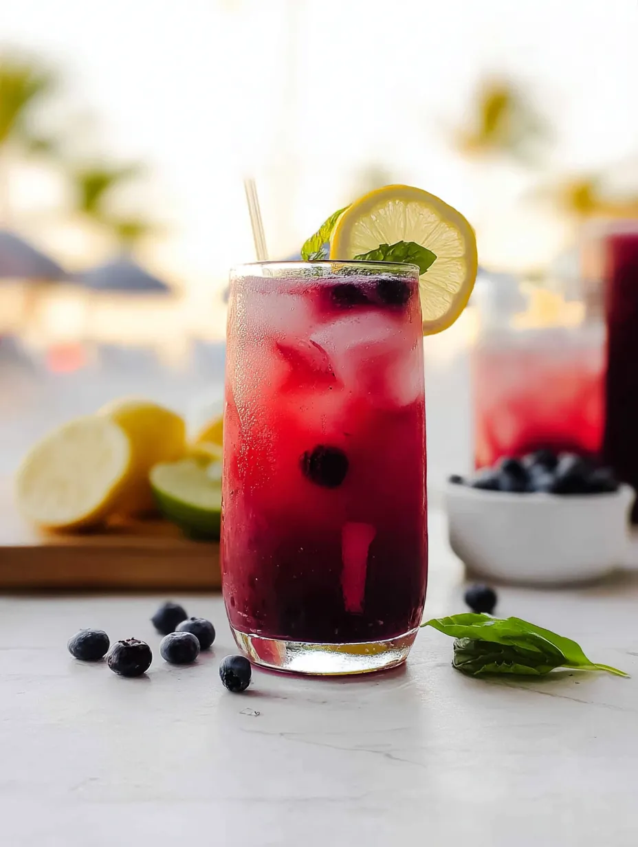 A cool glass filled with blueberry lemonade and a wedge of lemon beside it.