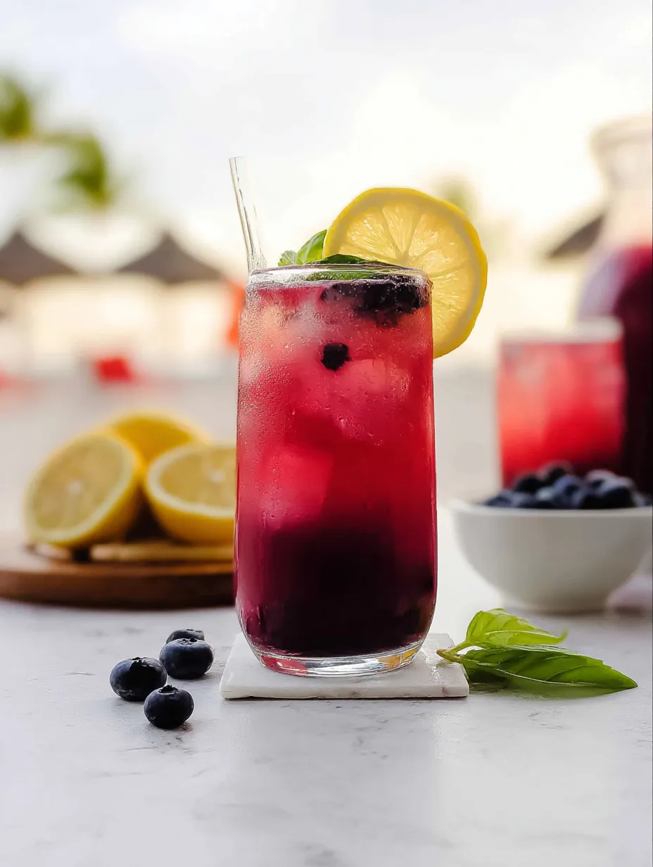 A cool glass filled with blueberry lemonade and a wedge of lemon beside it.
