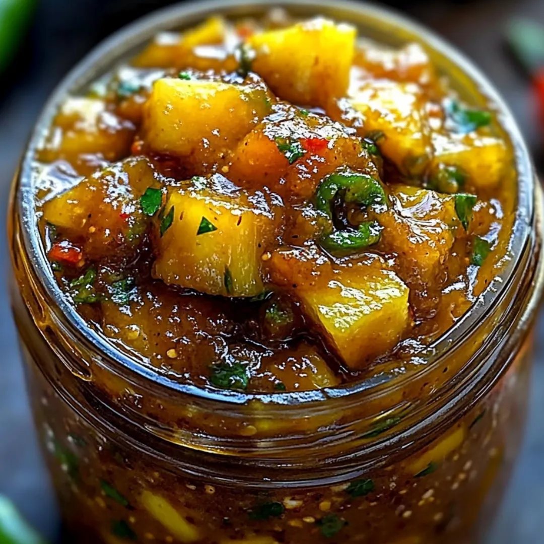 Jar packed with golden pineapple chutney.