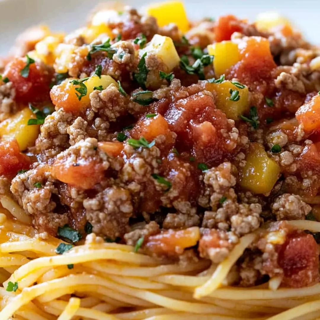 Steaming spaghetti with chunky tomato-beef sauce in a bowl.