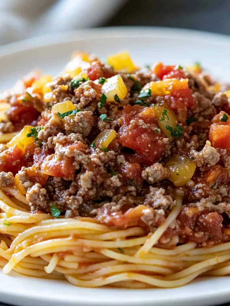 A plate filled with spaghetti and a beefy tomato sauce.