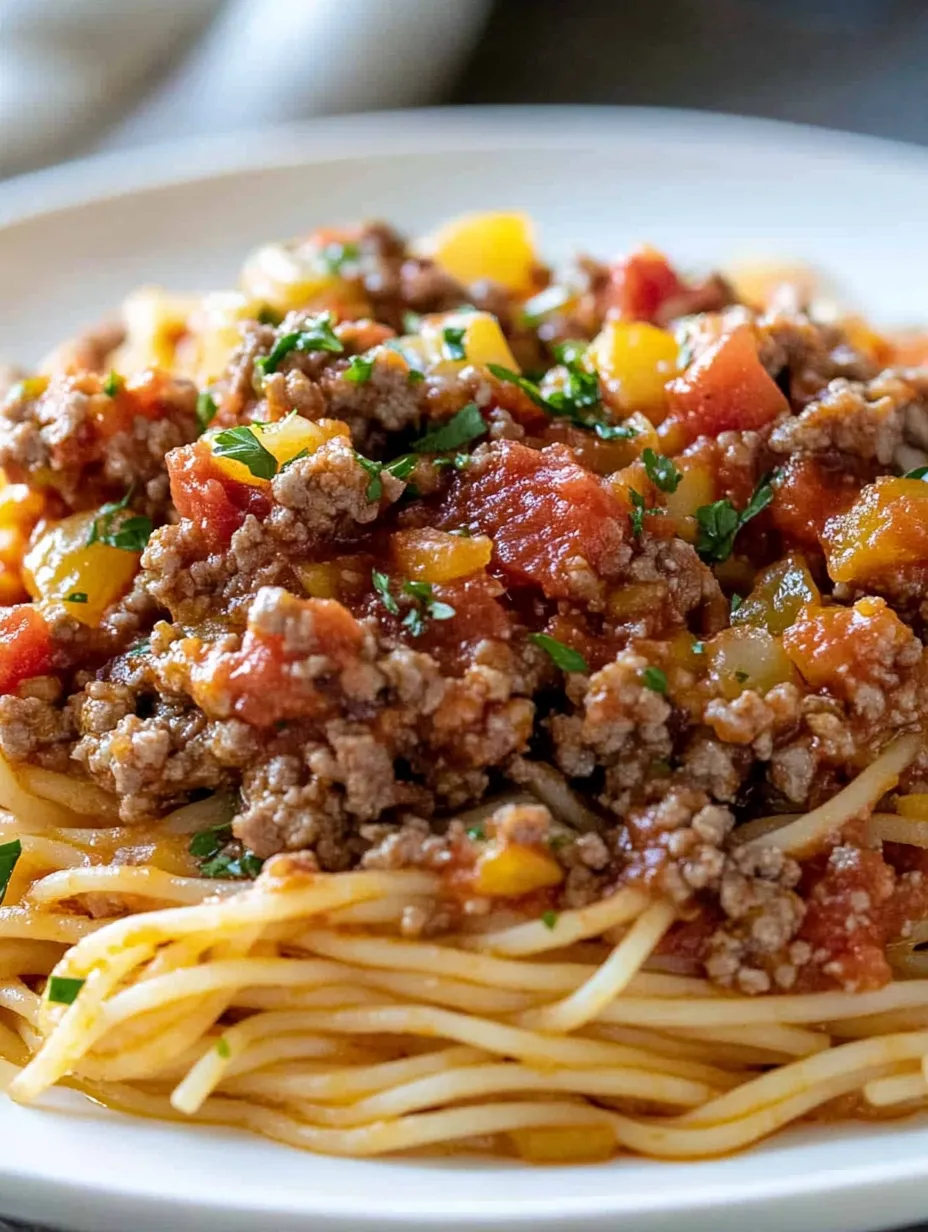 A plate filled with spaghetti and beefy tomato sauce.
