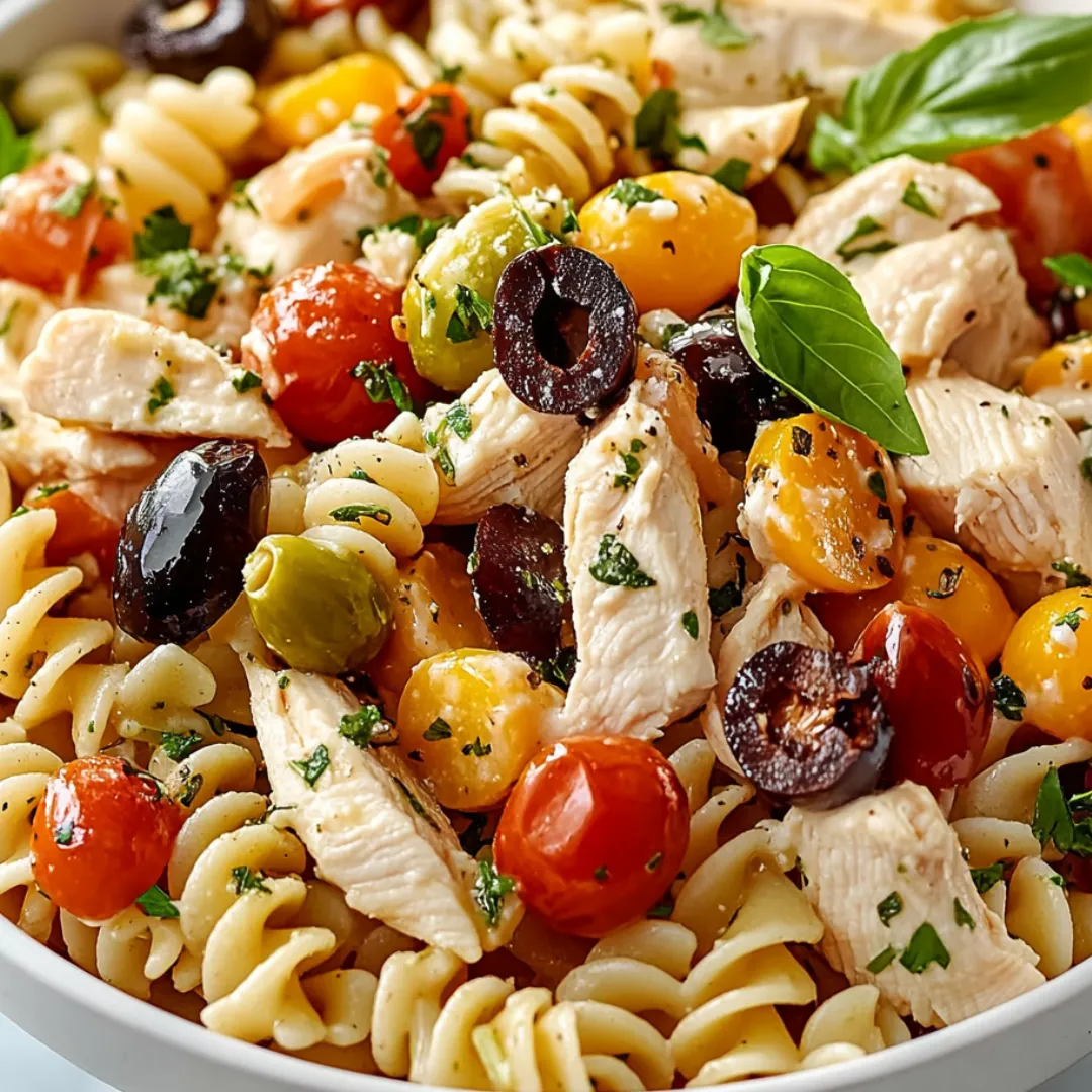 Pasta bowl loaded with chicken, tomatoes, basil, and olives.