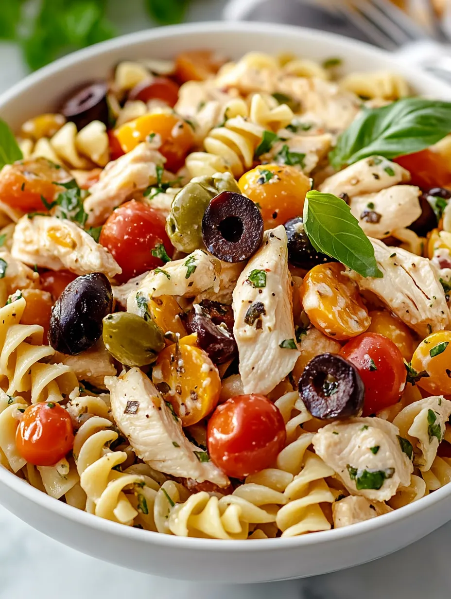 A bowl filled with pasta, chicken, and colorful veggies.