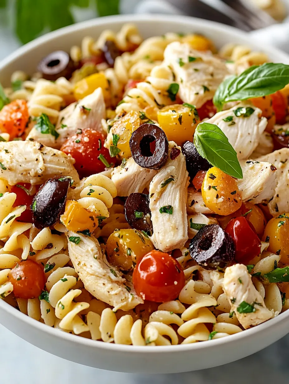 A bowl with pasta, chicken, olives, tomatoes, and fresh basil.