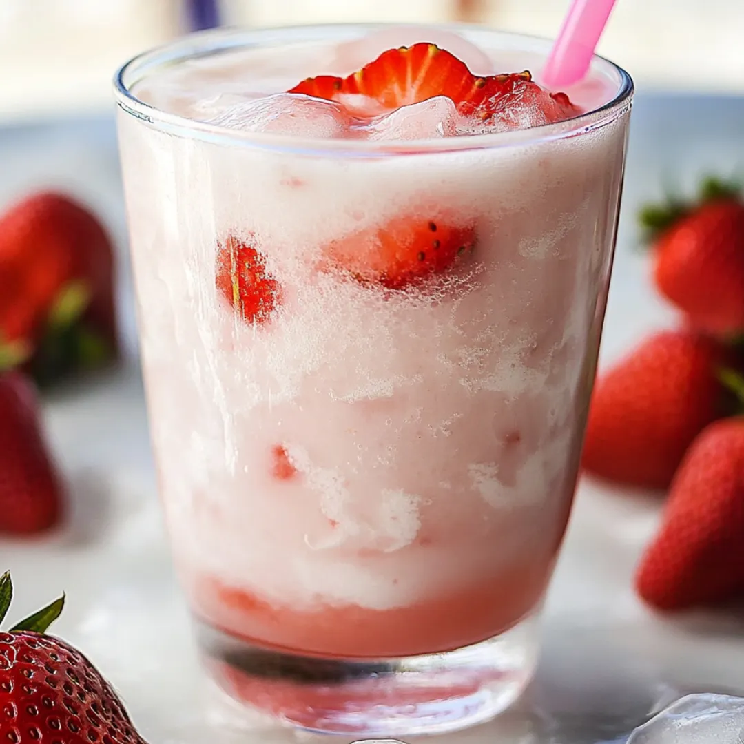 A pink strawberry milk with a straw in a clear glass.