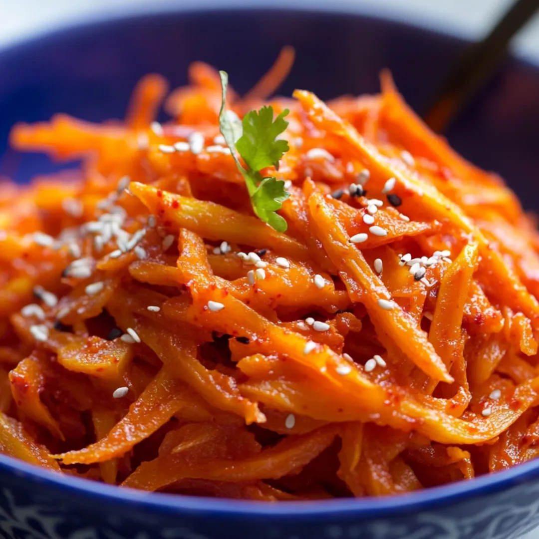 Bright orange carrot strips in a bowl with a pop of fresh green.