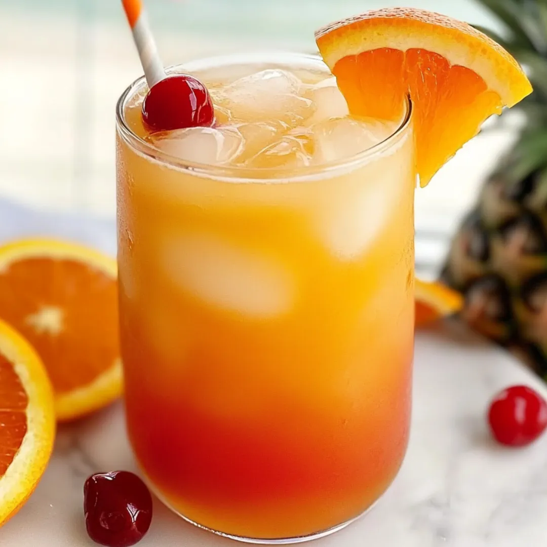 Glass packed with orange juice, topped with a cherry.