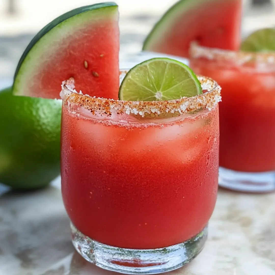 A glass of bright red drink topped with fresh watermelon and lime slices.