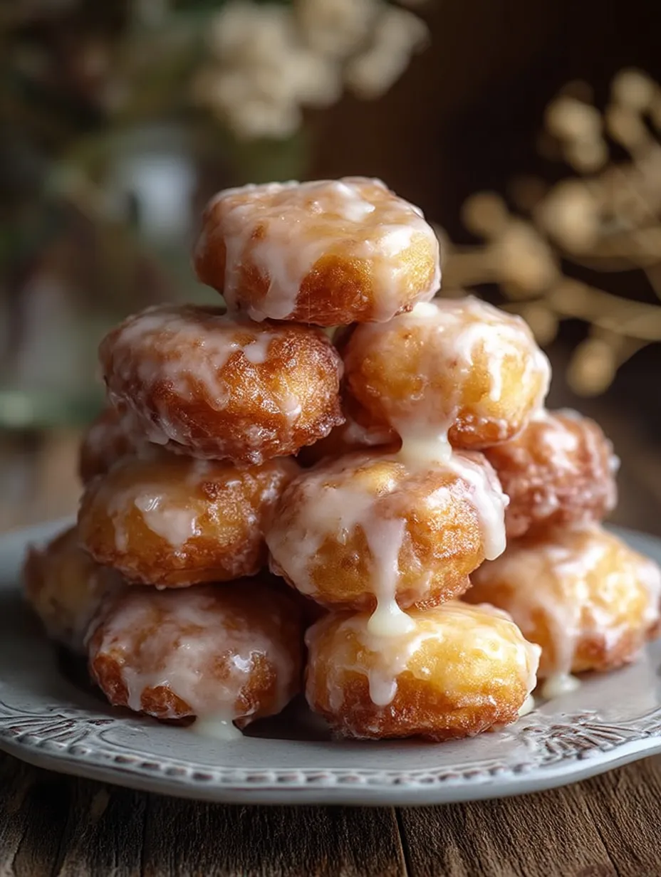 A pile of apple fritter bites covered in icing.