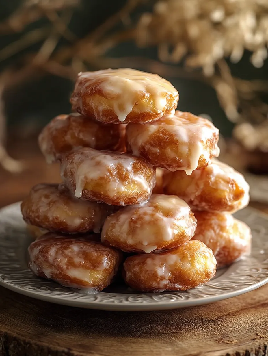 Glazed apple fritter bites stacked on a plate.