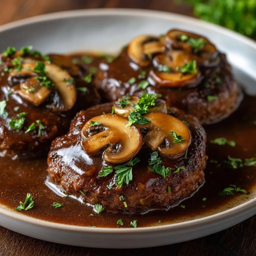 Juicy beef patties with soft mushrooms piled on top.