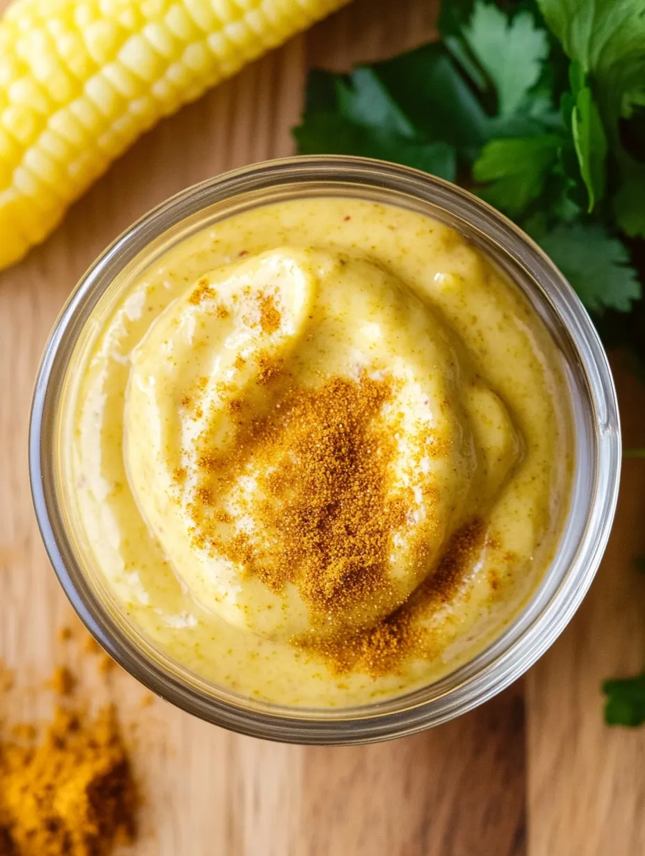 A glass filled with yellow sauce and a spoon inside.
