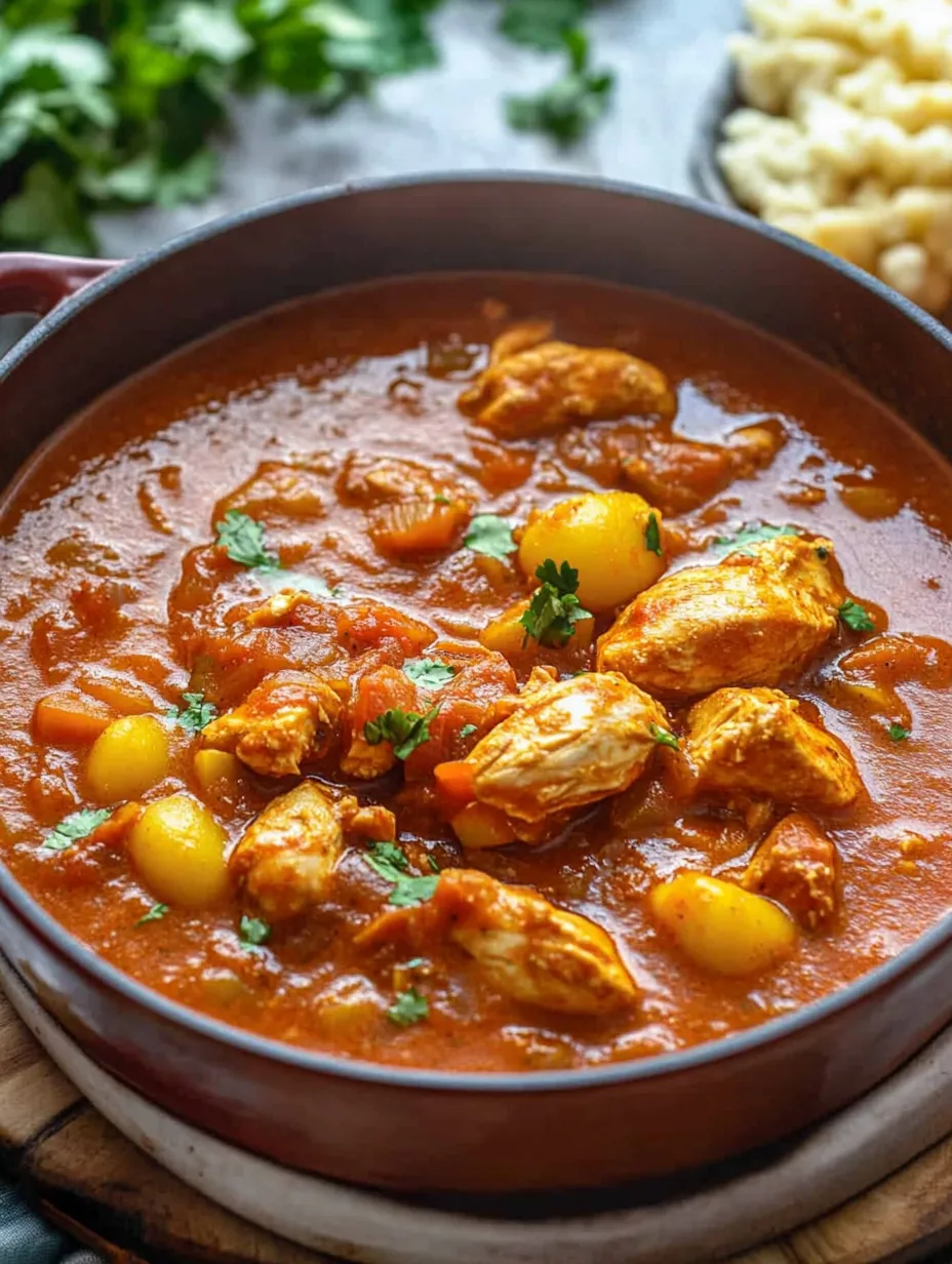 A bowl with chicken and vegetable stew.