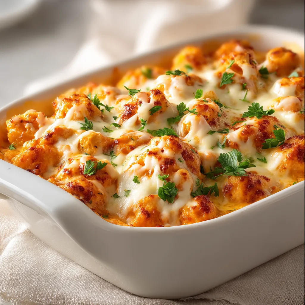 Dreamy Buffalo Chicken Cauliflower hot from the oven.