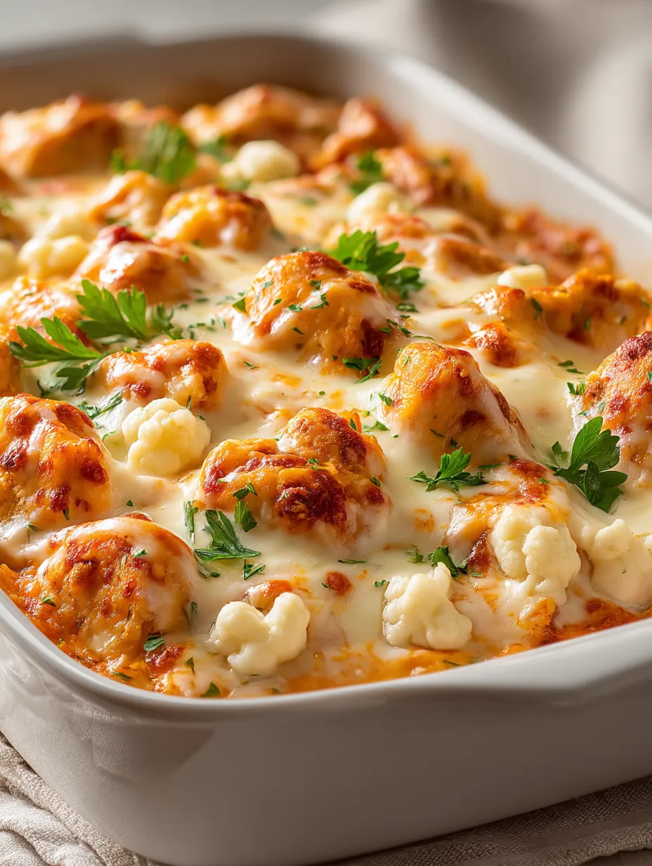Big casserole packed with cheesy cauliflower and chicken.