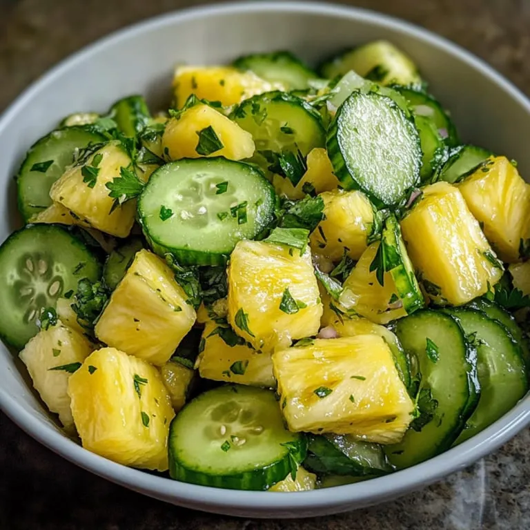 A bowl with pineapple chunks and cucumber rounds, ready to eat.