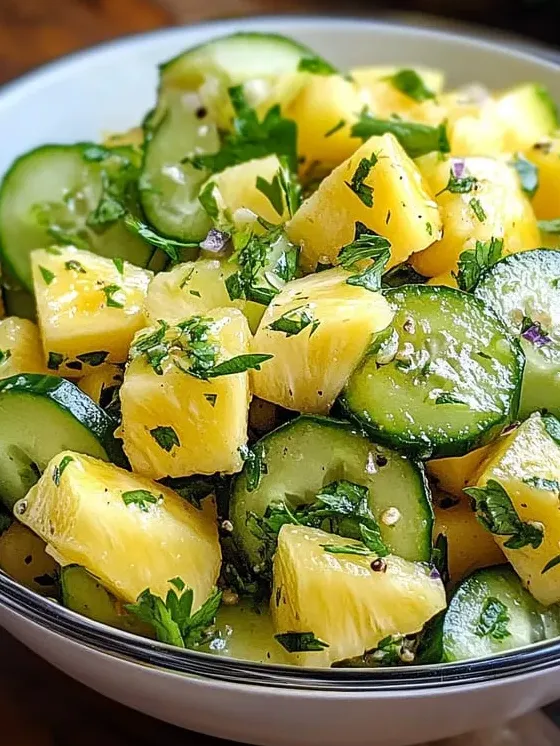 A bowl with chopped pineapple and cucumber pieces.
