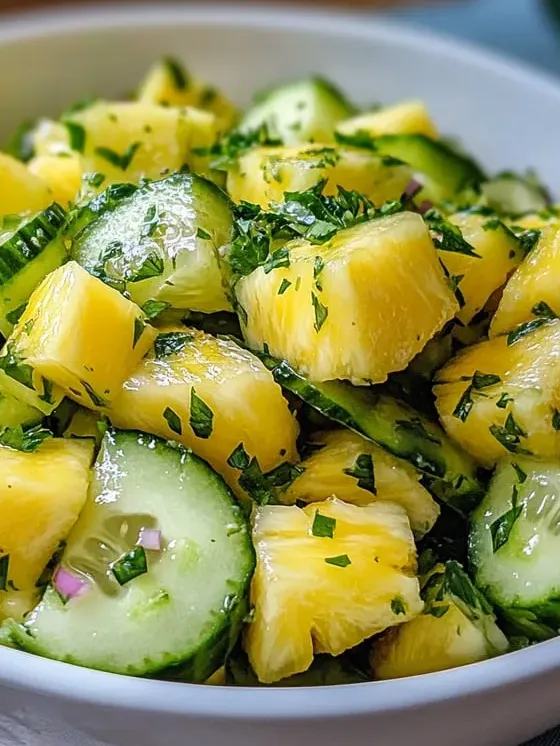 Chopped cucumbers and pineapple packed in a bowl.