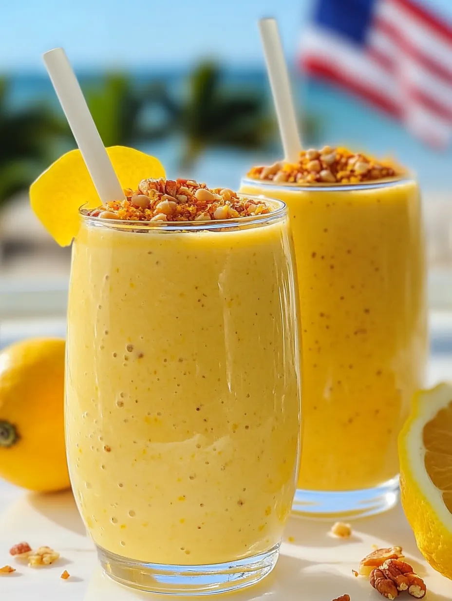 Two glasses of orange-colored smoothie topped with lemon slices.