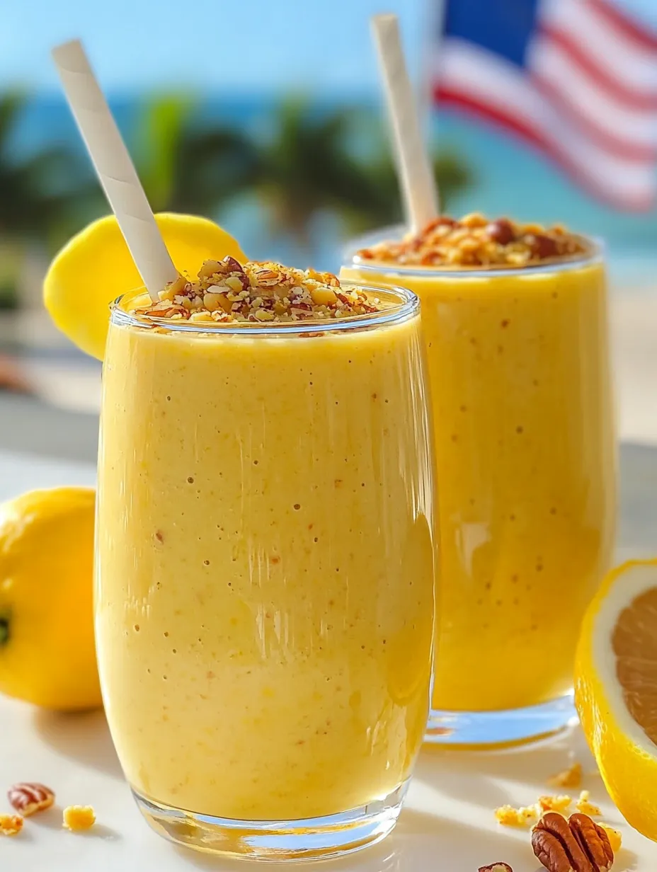Orange smoothies topped with lemon slices in two glasses.